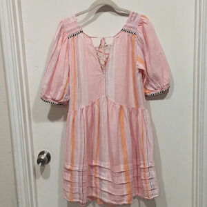 Lemlem x H&M Striped Pink 100% Linen Mini Dress Sz S-Casual Boho Beach Vacation